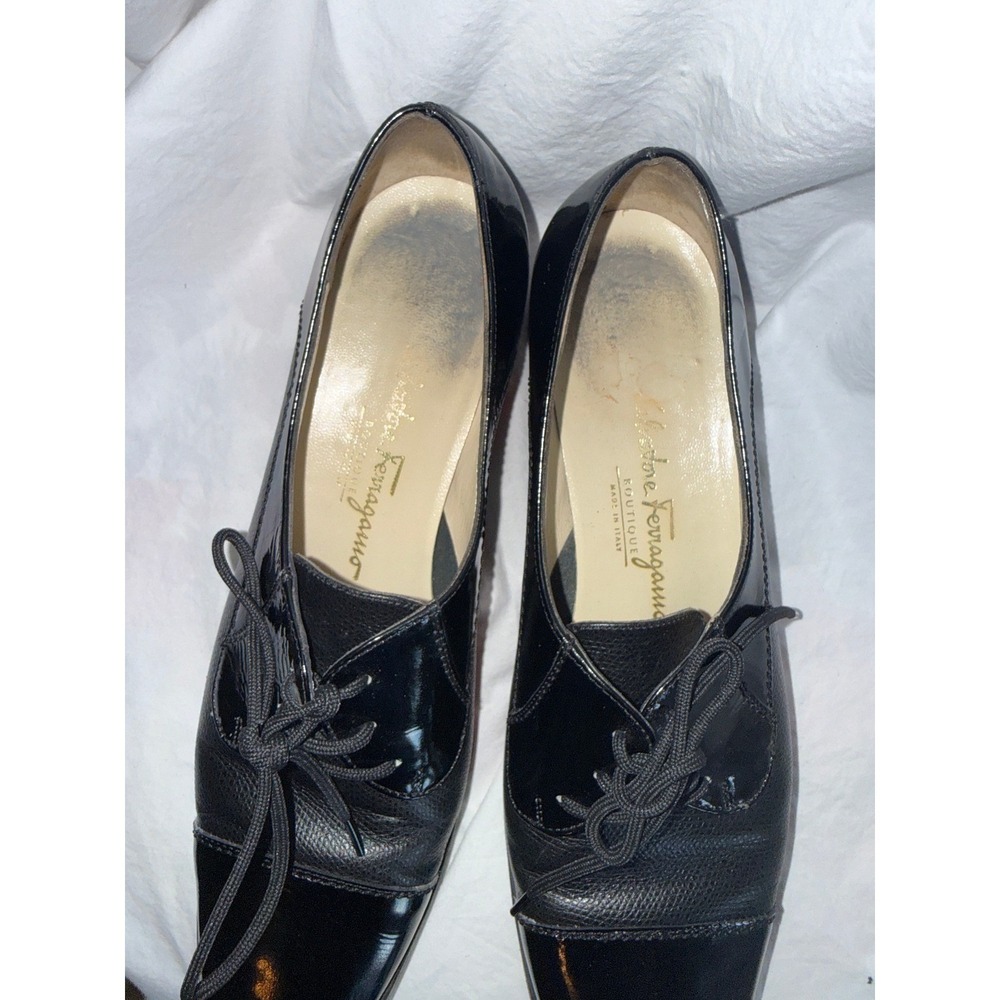 Salvatore Ferragamo Boutique Black Patent Pebbled Leather Oxfords Size 7.5 B - Picture 5 of 10